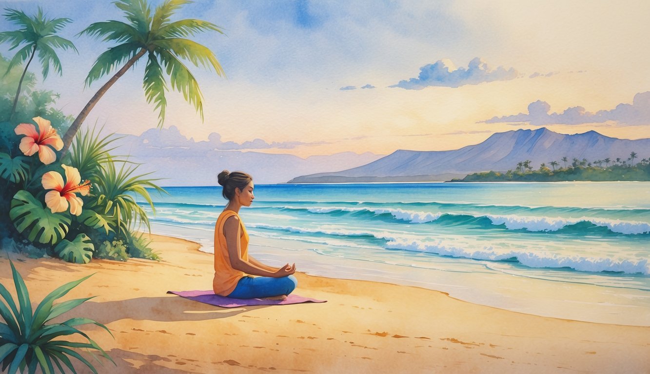 A person meditating alone on a Hawaiian beach at sunrise, surrounded by tropical plants and mountains in the distance.