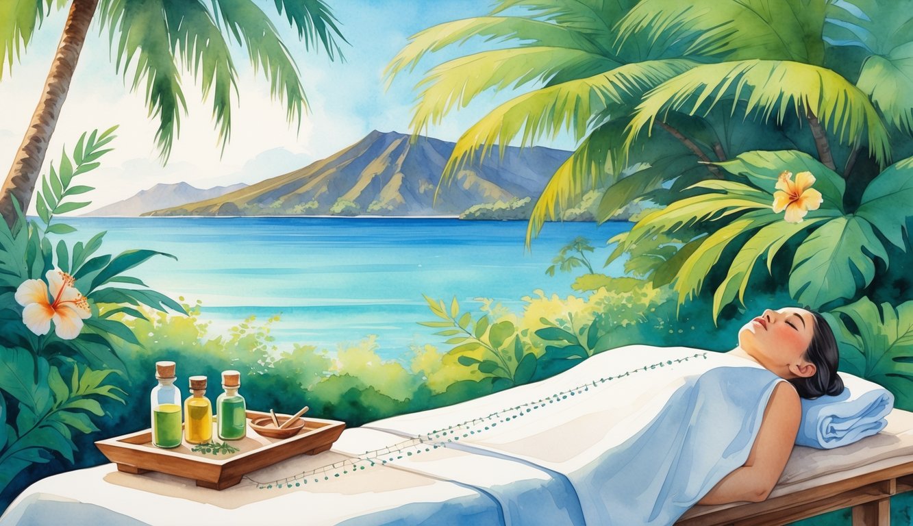 A peaceful Hawaiian acupuncture clinic with a treatment table, acupuncture needles, tropical plants, and an ocean view in the background.