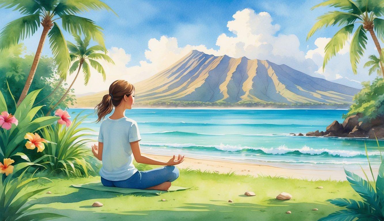 A person sitting peacefully on grass near a stream surrounded by tropical plants, with mountains and ocean in the background under a sunny sky.