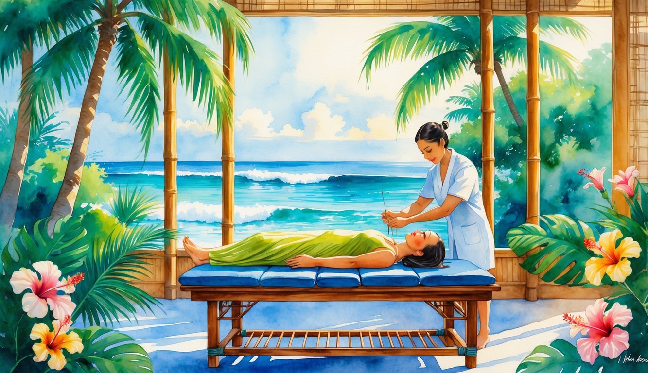A peaceful Hawaiian acupuncture clinic with a practitioner applying needles to a patient surrounded by tropical plants and ocean views.