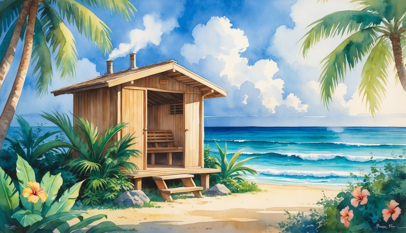 A peaceful scene showing a wooden sauna cabin surrounded by tropical plants near the ocean under a clear sky.