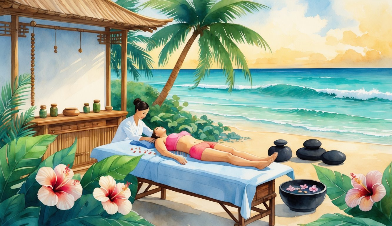 A peaceful outdoor scene showing an acupuncture treatment in a tropical Hawaiian setting with palm trees, flowers, and a calm beach in the background.
