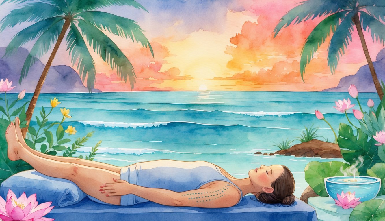 A person receiving acupuncture treatment outdoors surrounded by tropical plants, yoga mats, and a peaceful ocean view at sunset.