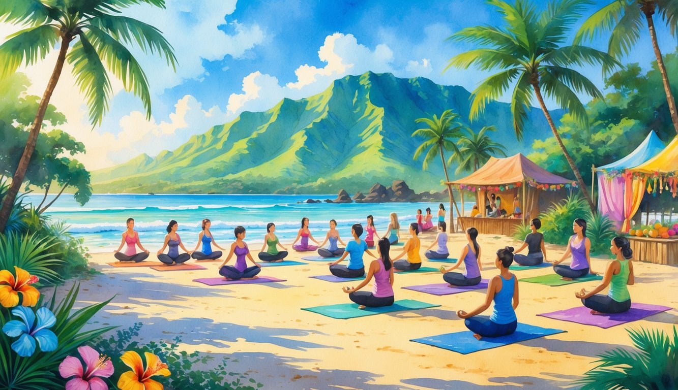 People practicing yoga and meditation on a tropical Hawaiian beach surrounded by palm trees, flowers, and mountains.
