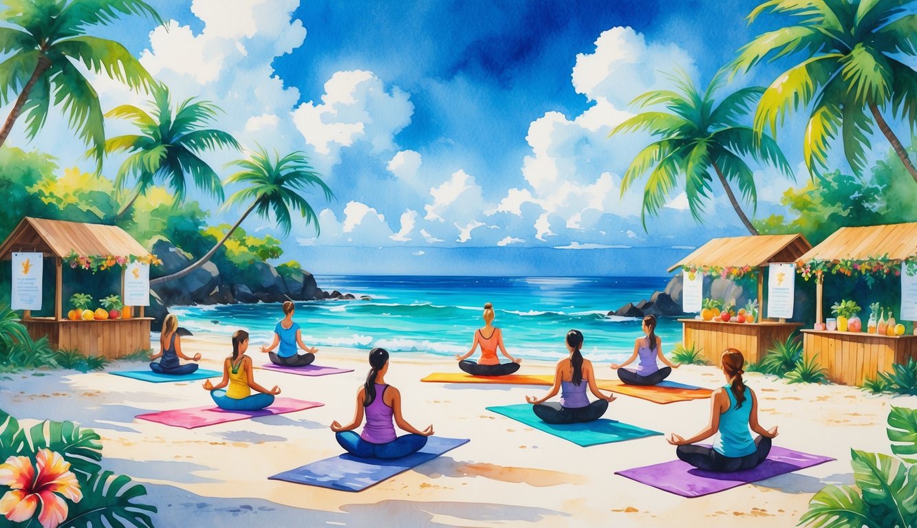 People practicing yoga and meditation on a Hawaiian beach surrounded by palm trees, tropical flowers, and calm ocean waves under a bright sky.
