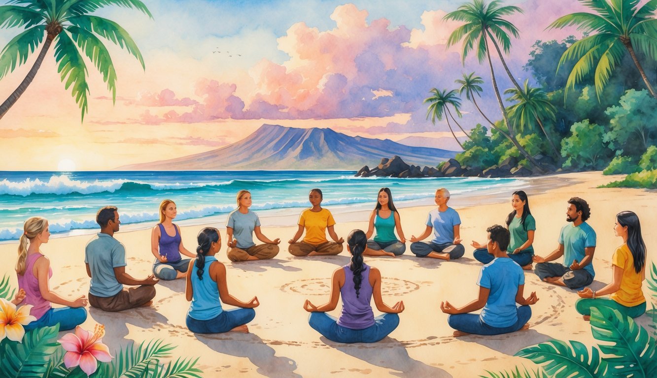 A group of people sitting in a circle on a Hawaiian beach at sunrise, meditating together with palm trees, ocean waves, and mountains in the background.