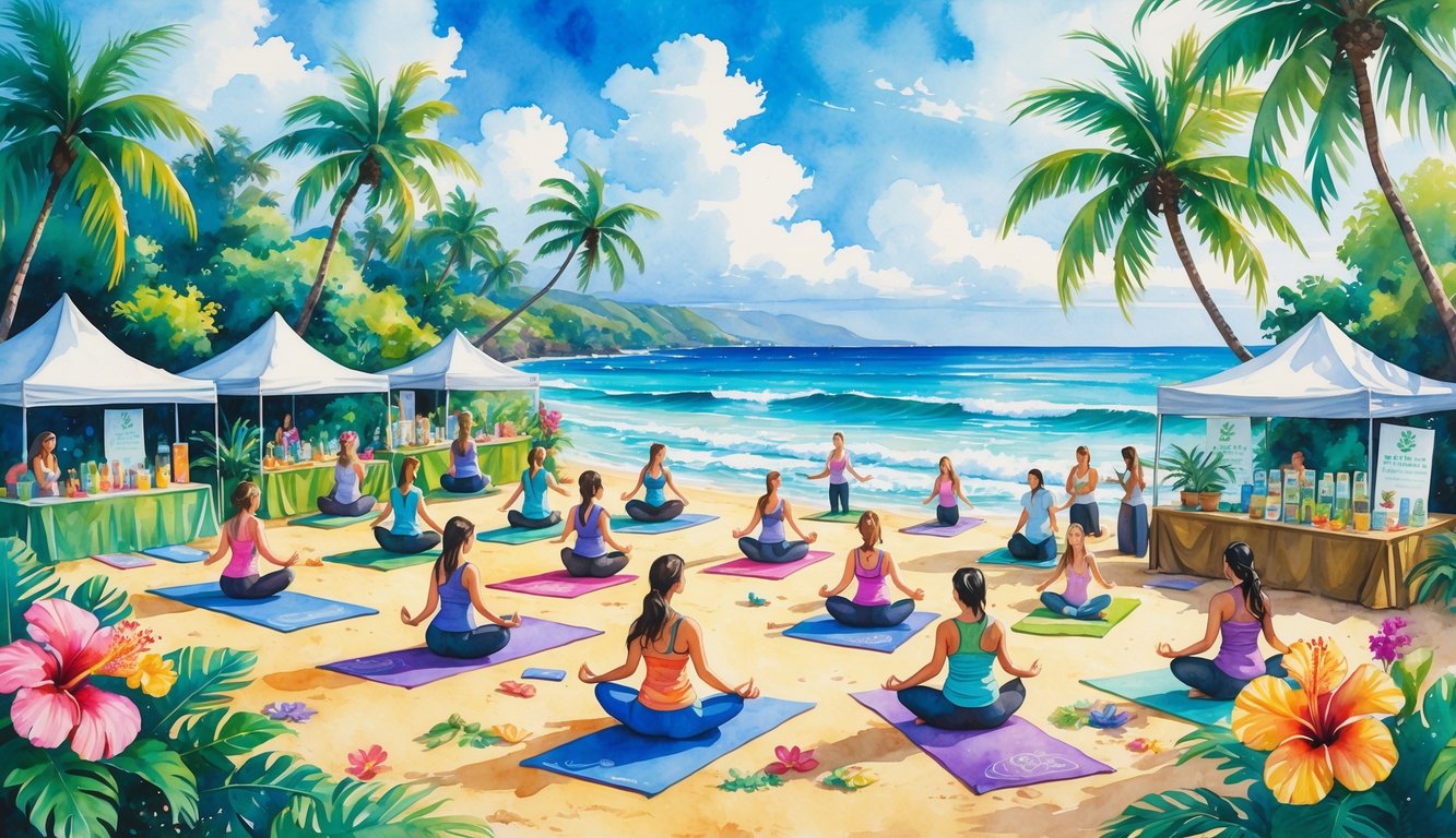 People practicing yoga and relaxing on a Hawaiian beach surrounded by palm trees, tents, and tropical flowers during a wellness festival.