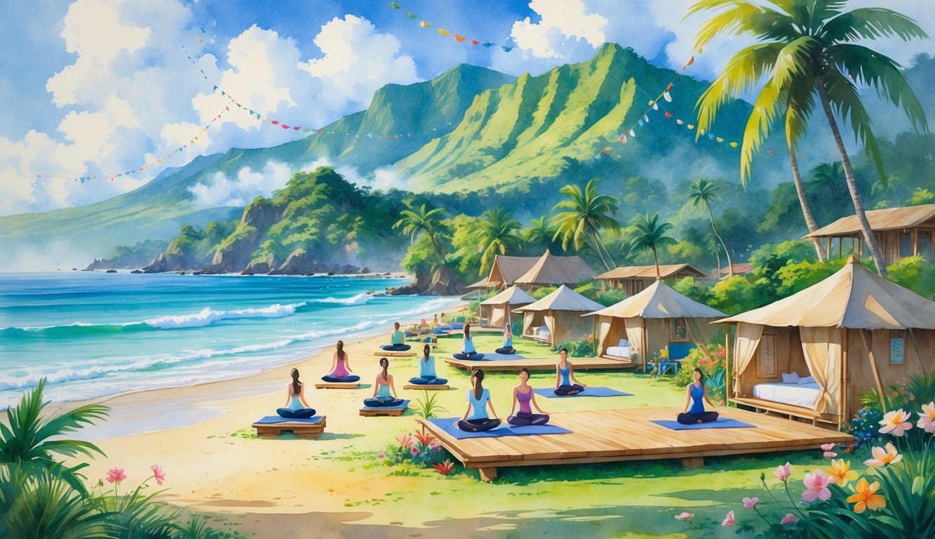 A peaceful Hawaiian beach scene with people practicing yoga and meditation near tropical trees and mountains in the background.