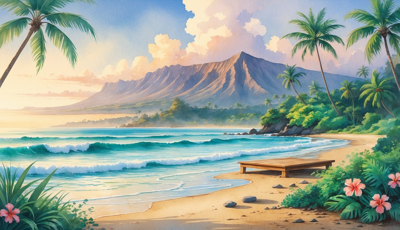 A peaceful Hawaiian beach at sunrise with palm trees, tropical flowers, mountains, and a small wooden meditation platform near the water.
