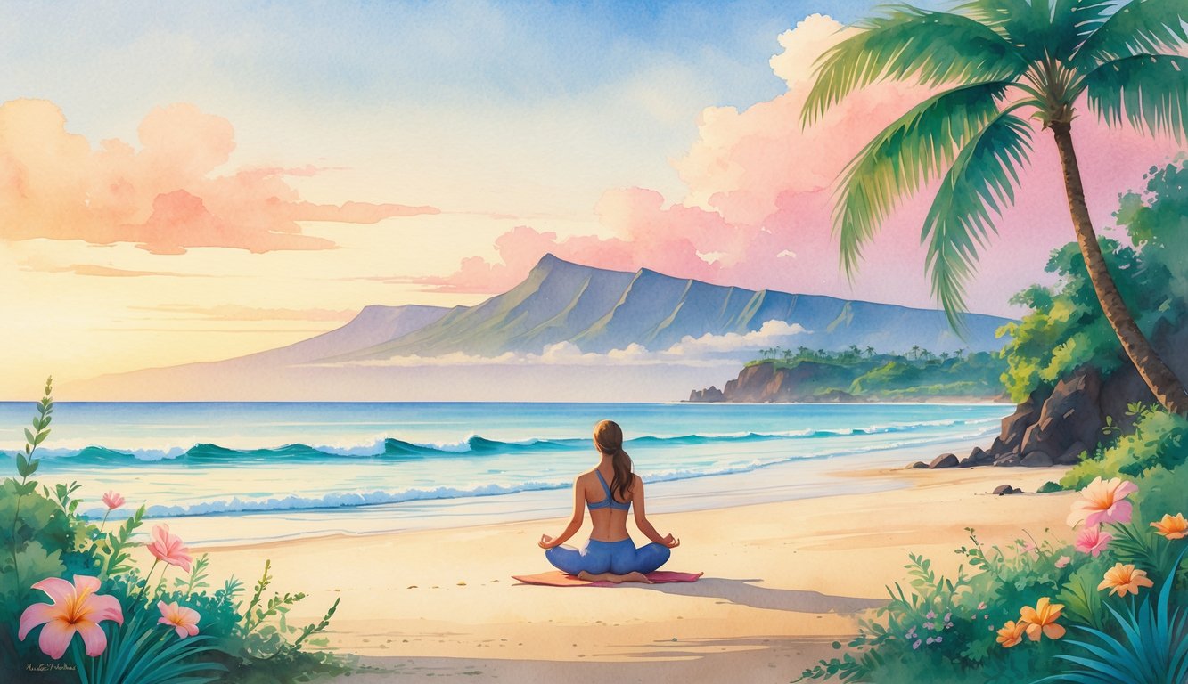 A person meditating on a quiet Hawaiian beach at sunrise, surrounded by palm trees, tropical flowers, and distant mountains.