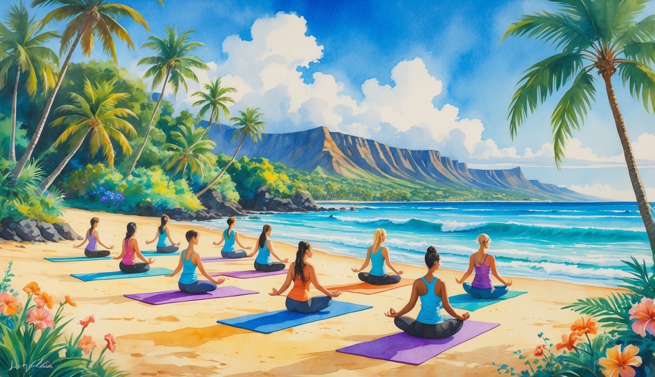 A peaceful tropical beach in Hawaii with people practicing yoga and meditation surrounded by palm trees, flowers, and mountains.