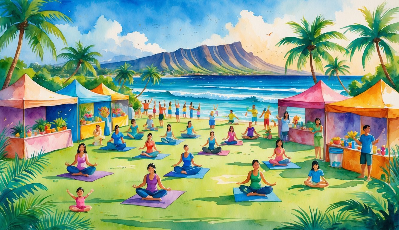 People participating in wellness activities like yoga and meditation at a Hawaiian outdoor festival near the beach with mountains and ocean in the background.