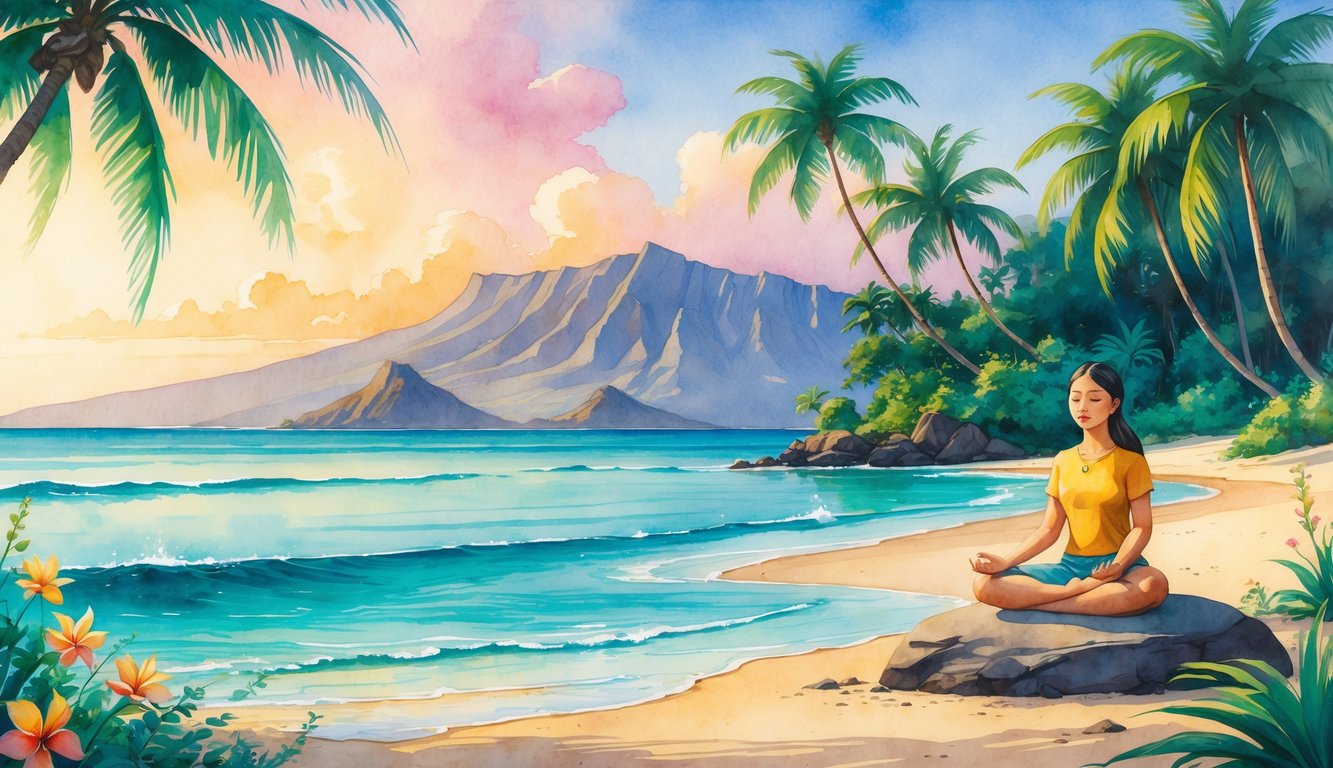 A person meditating peacefully by the shore of a tropical island with palm trees, sandy beach, and distant mountains under a soft sunrise sky.