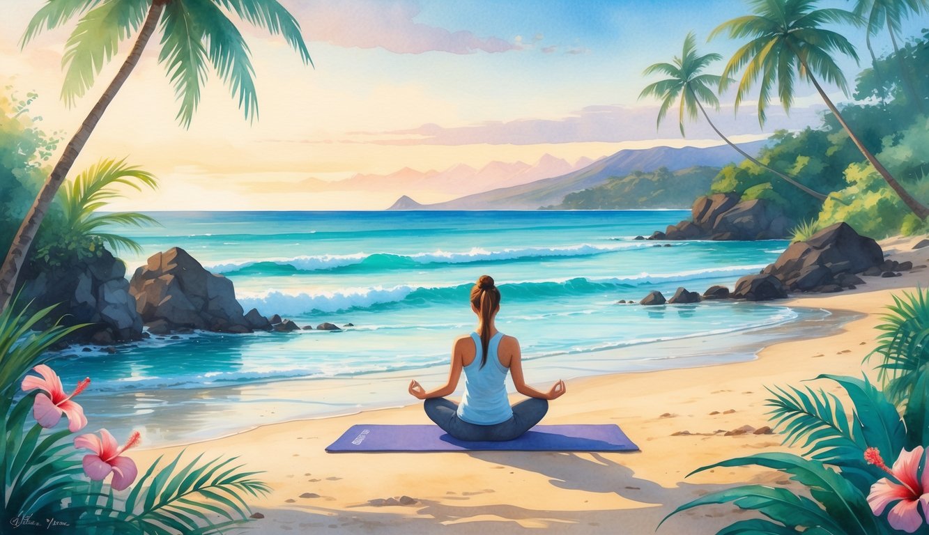 A person sitting cross-legged on a yoga mat on a quiet Hawaiian beach with palm trees, tropical plants, and mountains in the background at sunrise.