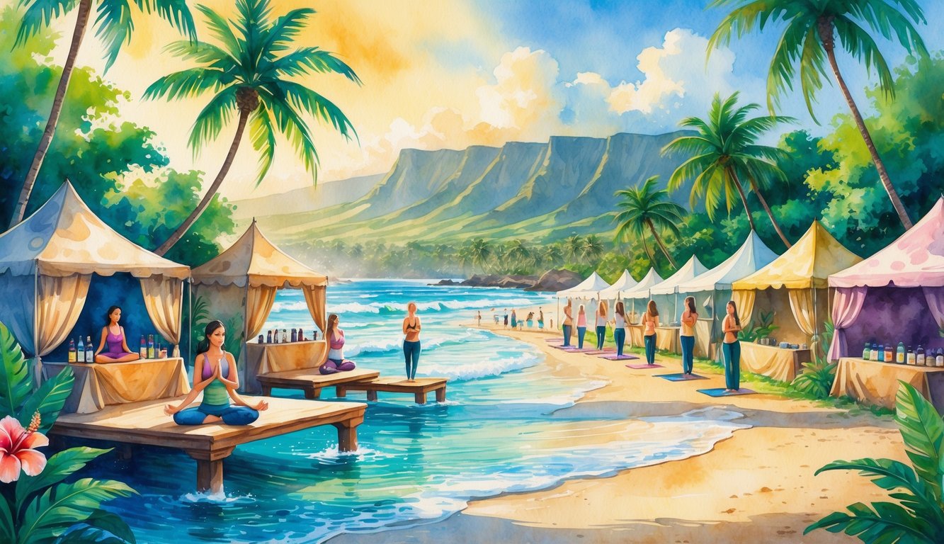 People practicing yoga and meditation on a beach surrounded by palm trees and tropical flowers, with tents and ocean waves in the background.