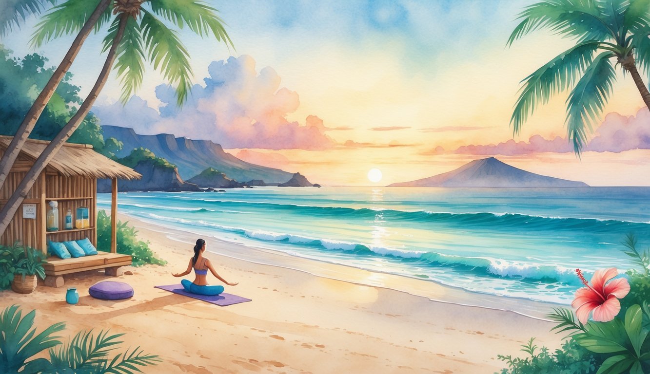 A peaceful Hawaiian beach at sunrise with a lone person doing yoga on the sand, surrounded by tropical plants and flowers, calm ocean waves, and distant mountains.