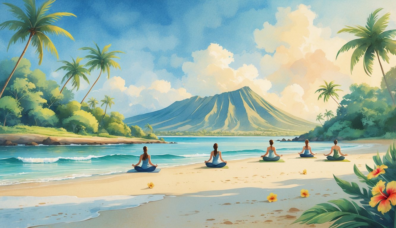 A peaceful beach in Hawaii with people meditating near palm trees and mountains in the background.