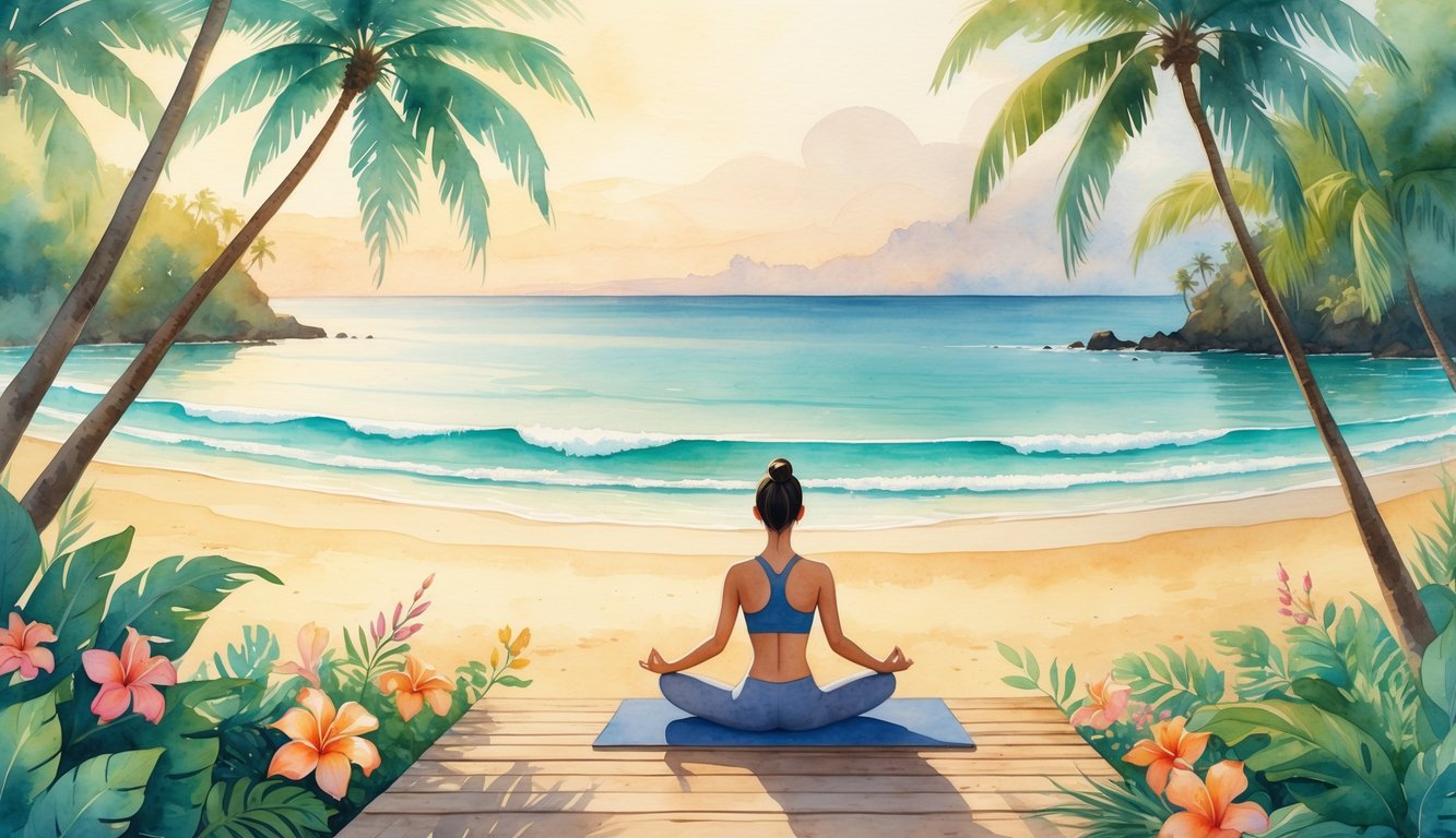 A peaceful beach scene with a person practicing yoga on a wooden deck surrounded by palm trees and tropical flowers, overlooking calm ocean waves under a warm sky.