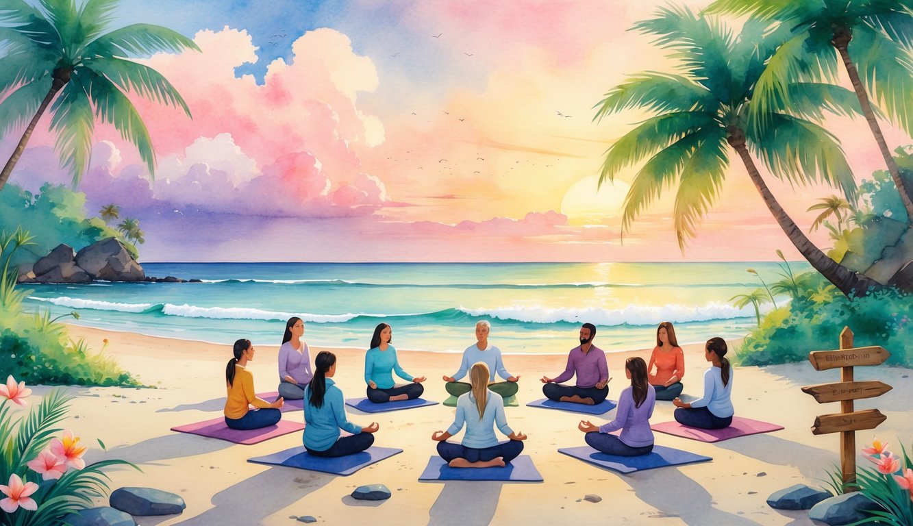 A peaceful beach scene in Hawaii with people sitting in a circle meditating near palm trees and tropical flowers at sunrise.