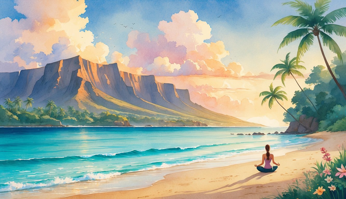 A peaceful Hawaiian island beach with palm trees, mountains in the background, and a person meditating near the shore at sunrise.