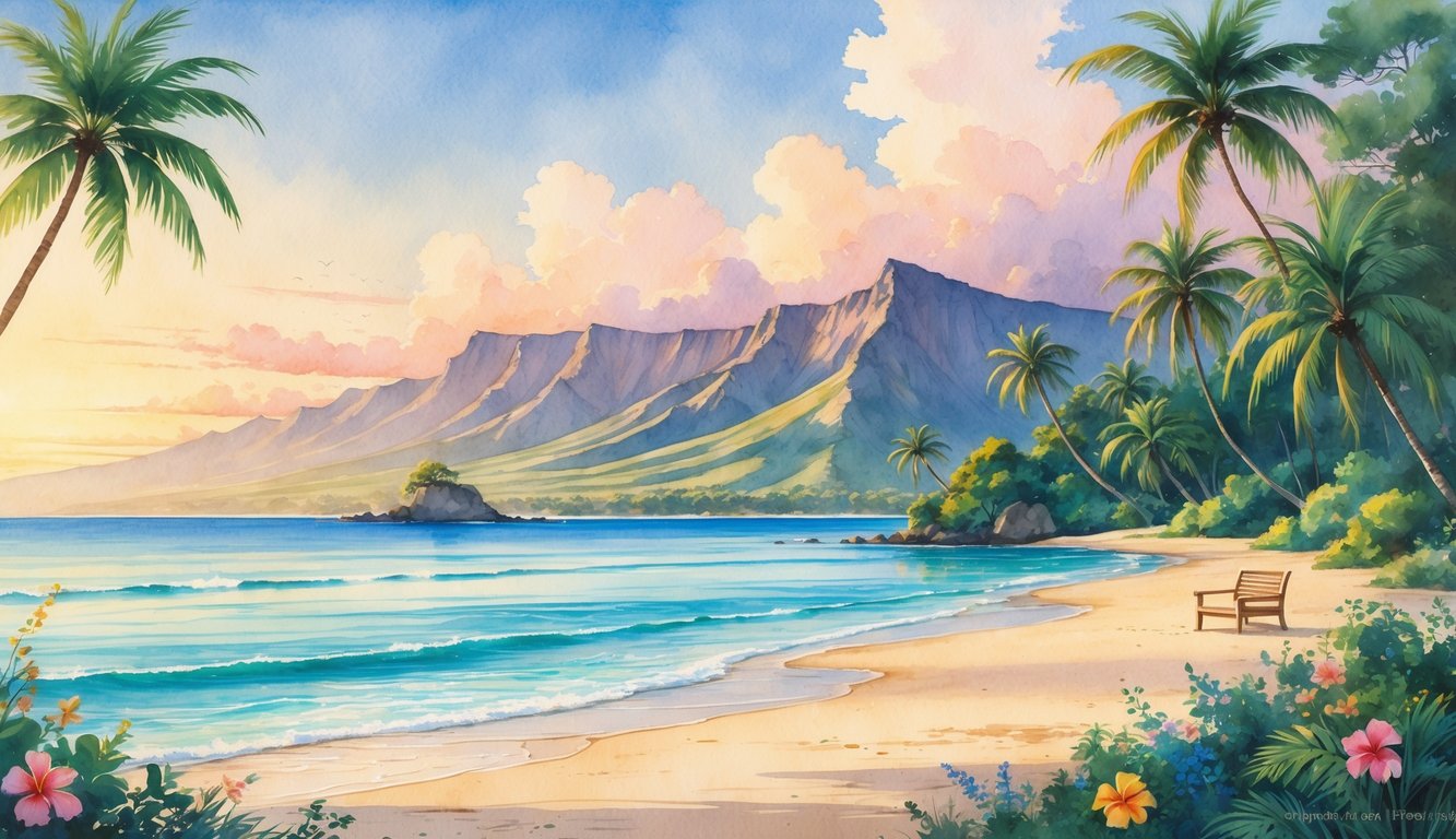 A peaceful Hawaiian beach with palm trees, tropical flowers, mountains in the background, and a small meditation platform near the shore.