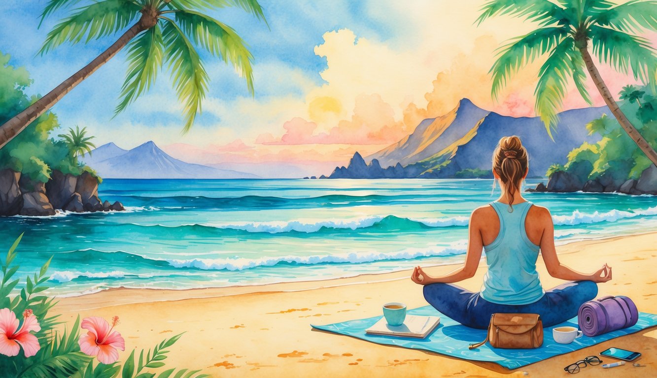 A person sitting on a tropical beach surrounded by palm trees, mountains, and wellness items like a yoga mat and journal.