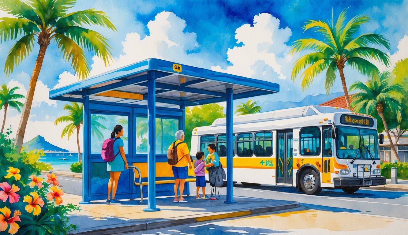 People waiting at a bus stop in a sunny Honolulu street with palm trees and Diamond Head crater in the background.