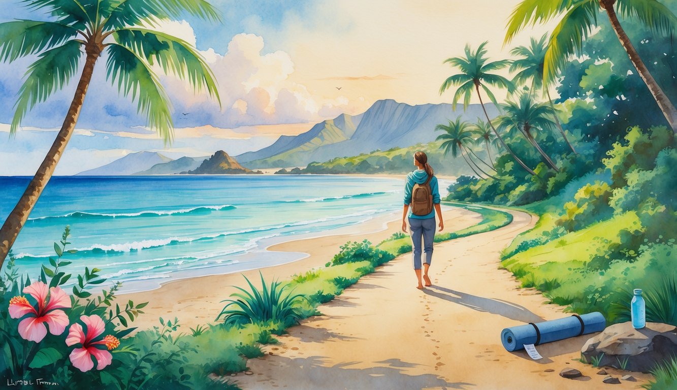 A peaceful coastal pathway through tropical greenery with a lone traveler walking barefoot near a beach and distant mountains under a soft sunrise sky.
