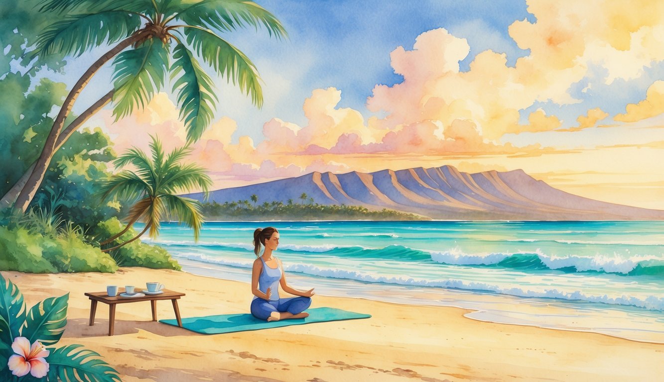 A person meditating alone on a beach in Hawaii surrounded by tropical plants and mountains at sunrise.