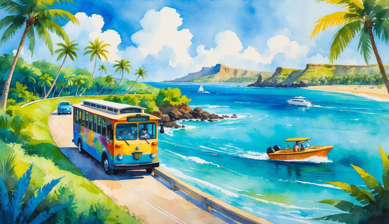 A scenic view of Oahu with a trolley, bicycle rider, boat on the water, car on a coastal road, palm trees, Diamond Head crater, and beach in the background.