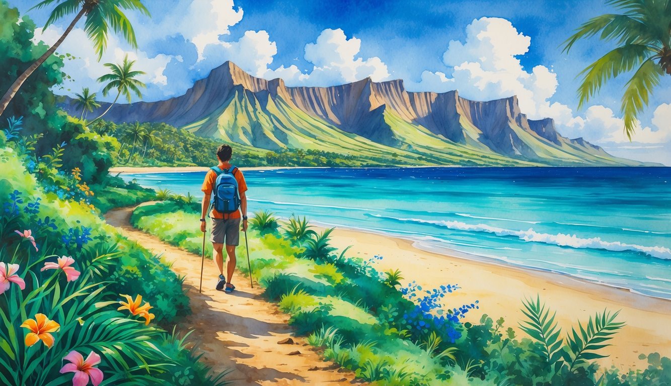 A lone traveler hiking on a green trail with tropical plants, mountains in the background, and an ocean beach with palm trees nearby.