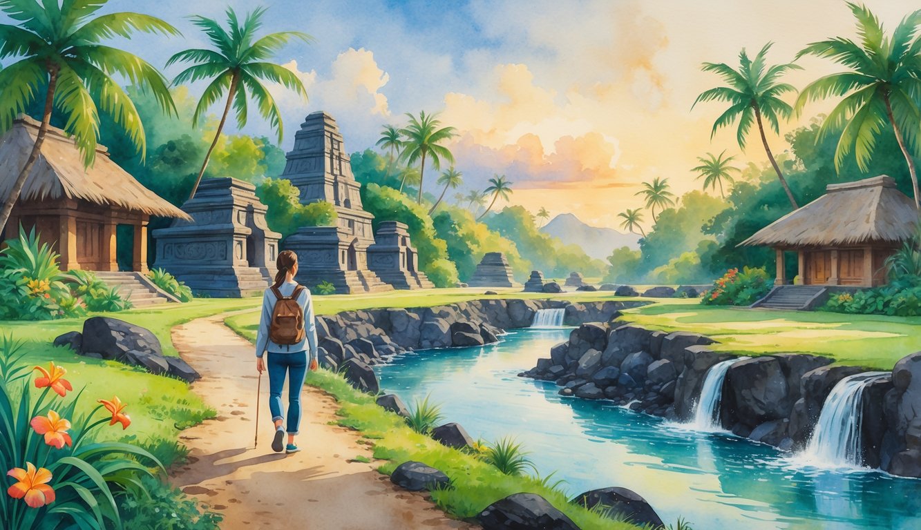 A lone traveler walking along a path surrounded by tropical plants, ancient stone temples, and waterfalls in a peaceful Hawaiian landscape.