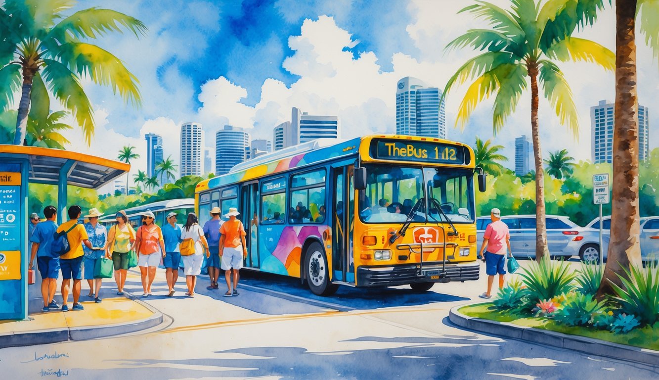 A busy Honolulu city bus stop with passengers boarding and palm trees nearby, with the city skyline and Diamond Head crater in the background.