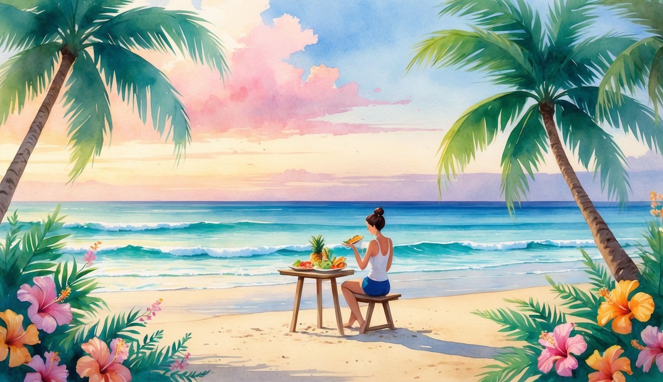 A person dining alone at a small table on a Hawaiian beach at sunrise, surrounded by palm trees, tropical flowers, and calm ocean waves.