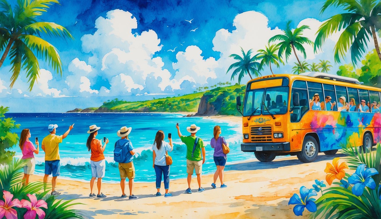 A group of tourists enjoying a guided tour near a beach with palm trees and a tour bus in the background.