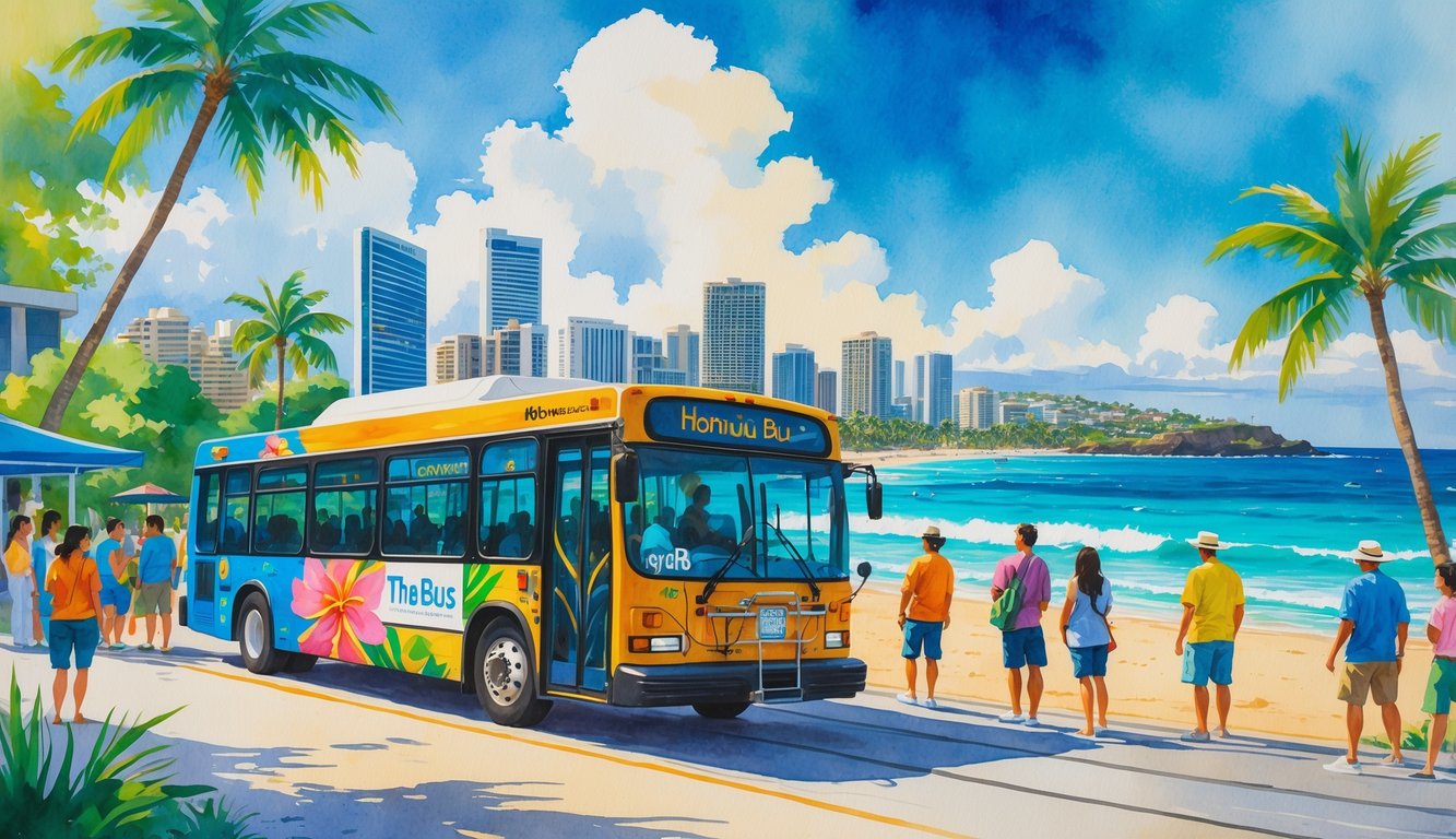 A city bus in Honolulu surrounded by people, palm trees, Diamond Head crater, beaches, and city buildings under a sunny sky.