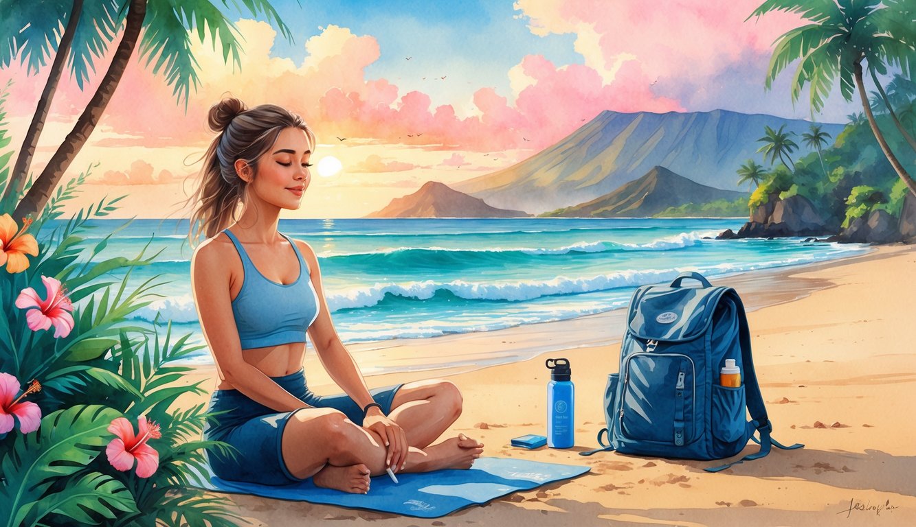 A woman sitting cross-legged on a beach with a backpack nearby, surrounded by tropical plants and ocean waves with mountains in the background.