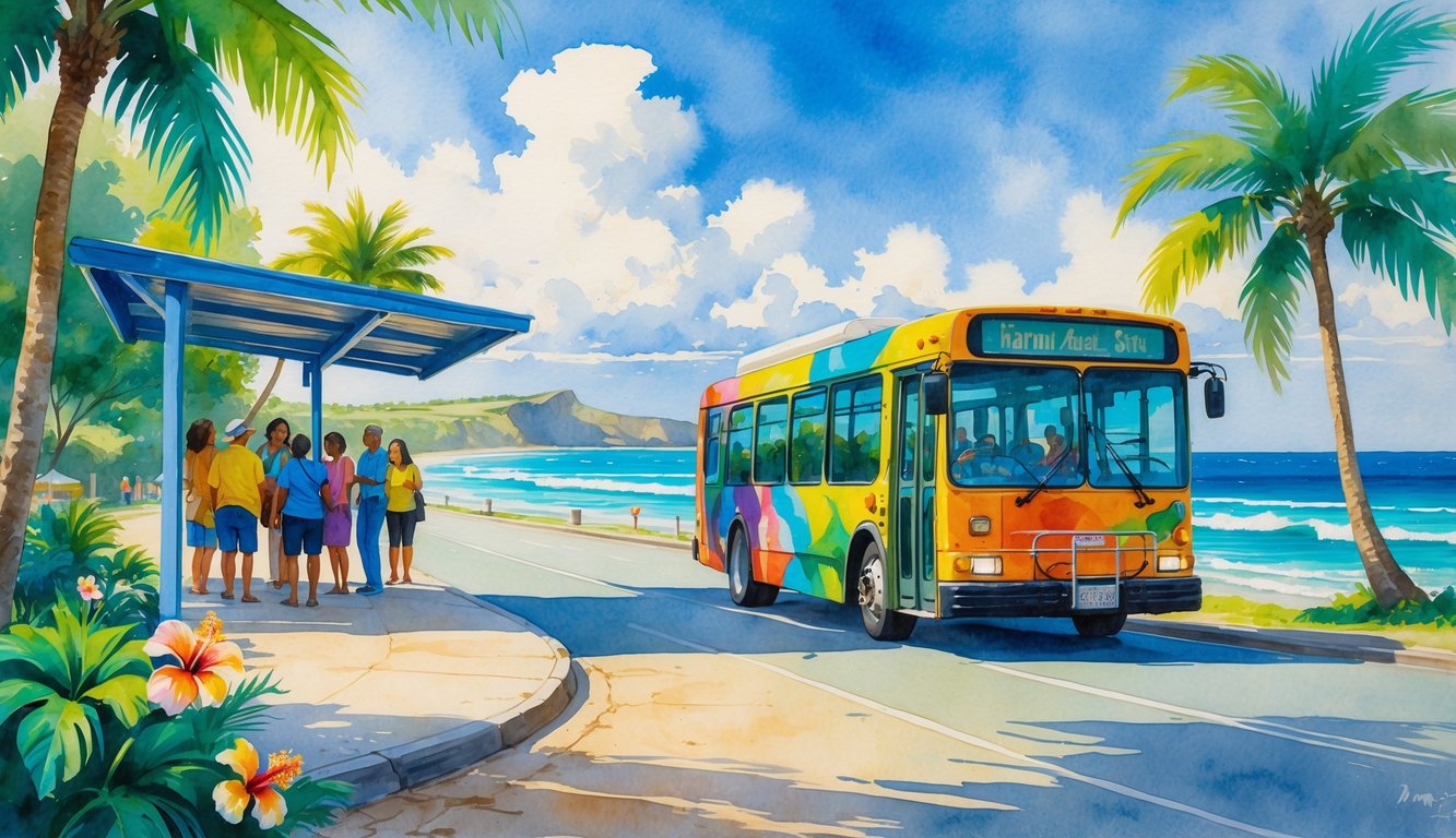 A city bus driving along a coastal road in Honolulu with palm trees, people waiting at a bus stop, and the ocean and Diamond Head crater in the background.
