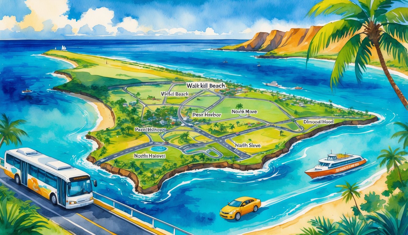 A colorful scene showing popular areas of Oahu with different modes of transportation like a bus, car, bicycle, and ferry surrounded by tropical plants and ocean waves.
