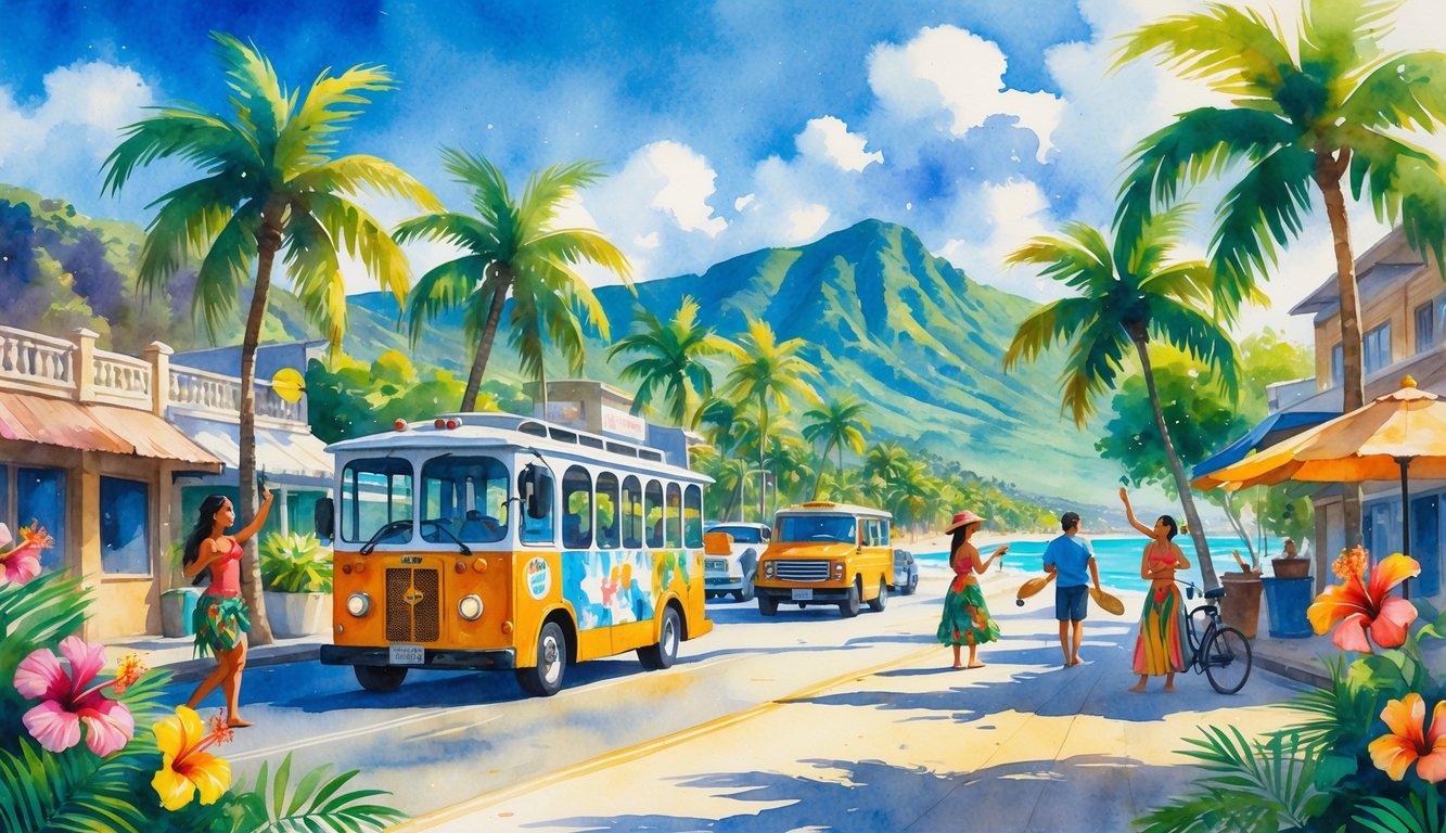 A lively street scene in Oahu with people dancing, playing music, palm trees, mountains, and various modes of transportation near the beach.