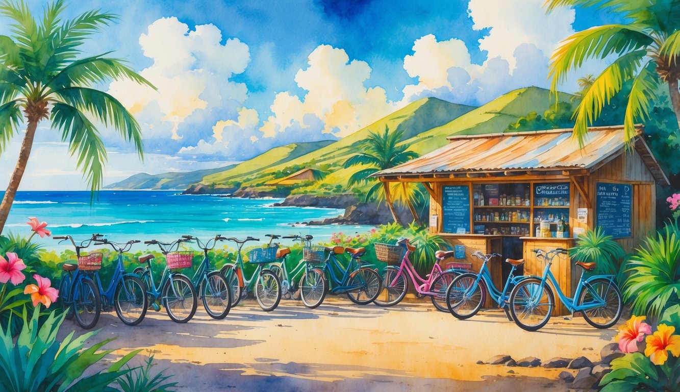A colorful scene showing bicycles parked near a small shop surrounded by tropical plants with hills and ocean in the background.