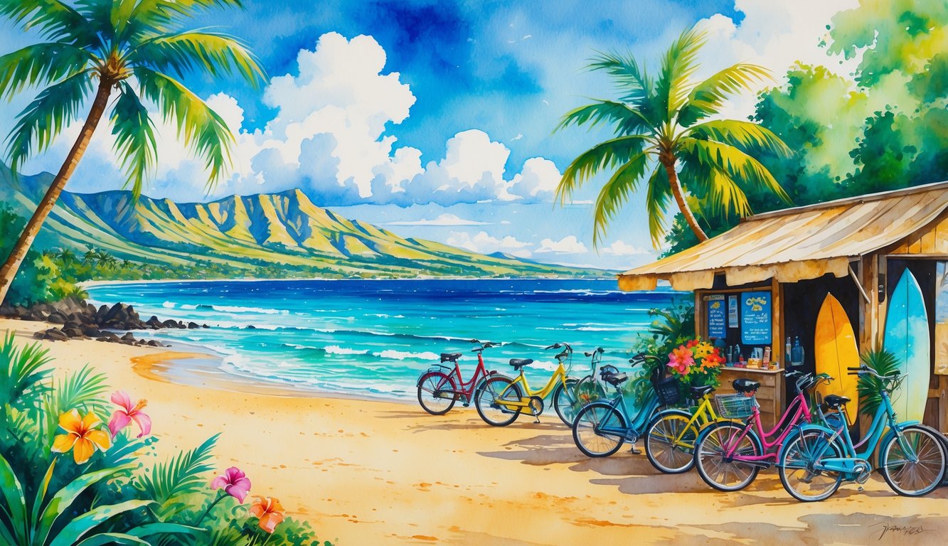 A tropical Hawaiian beach scene with palm trees, bicycles parked near a small bike rental shop, green hills, and distant mountains under a blue sky.