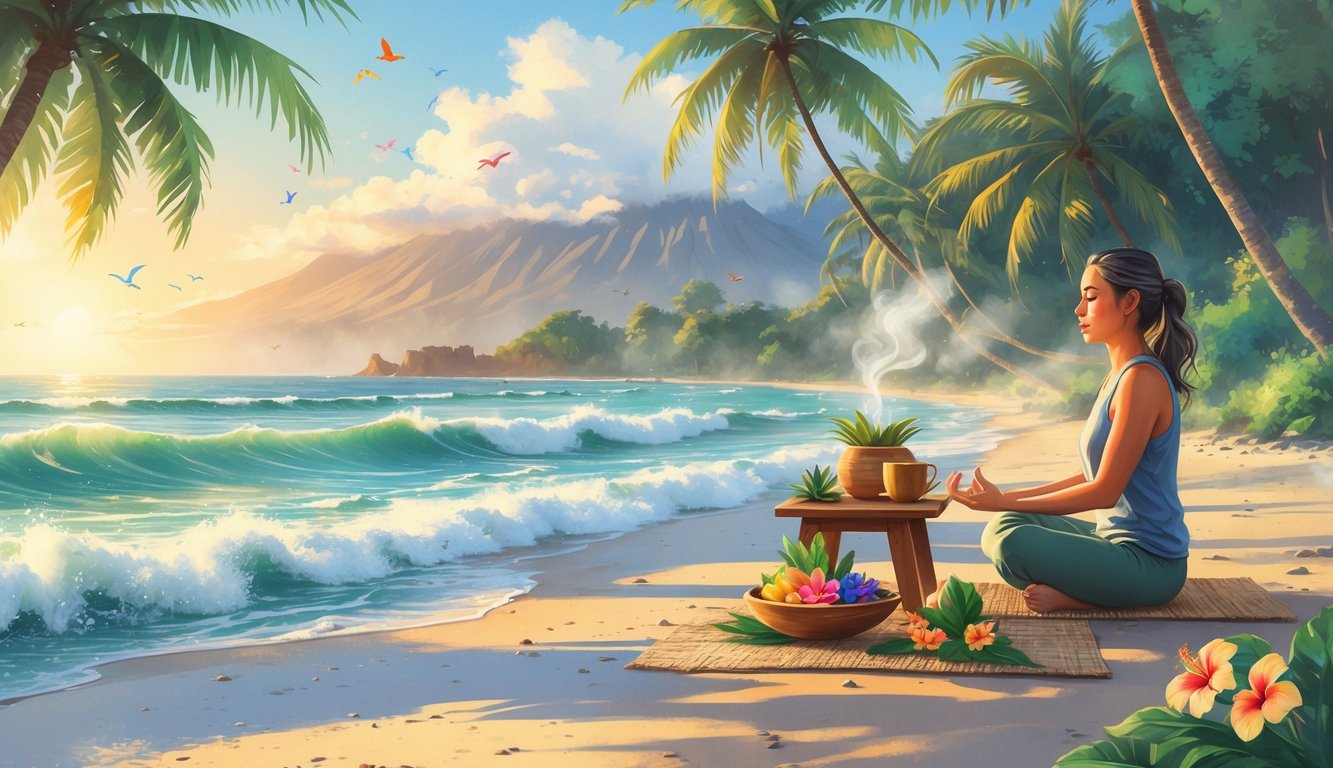 A peaceful tropical beach with palm trees, flowers, a person meditating near healing plants and fruits, with mountains and birds in the background.