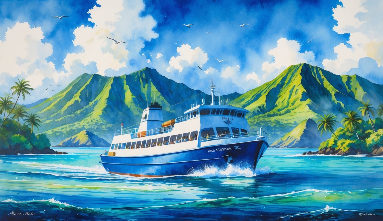 A ferry boat sailing on calm ocean water between green Hawaiian islands with palm trees and blue sky.