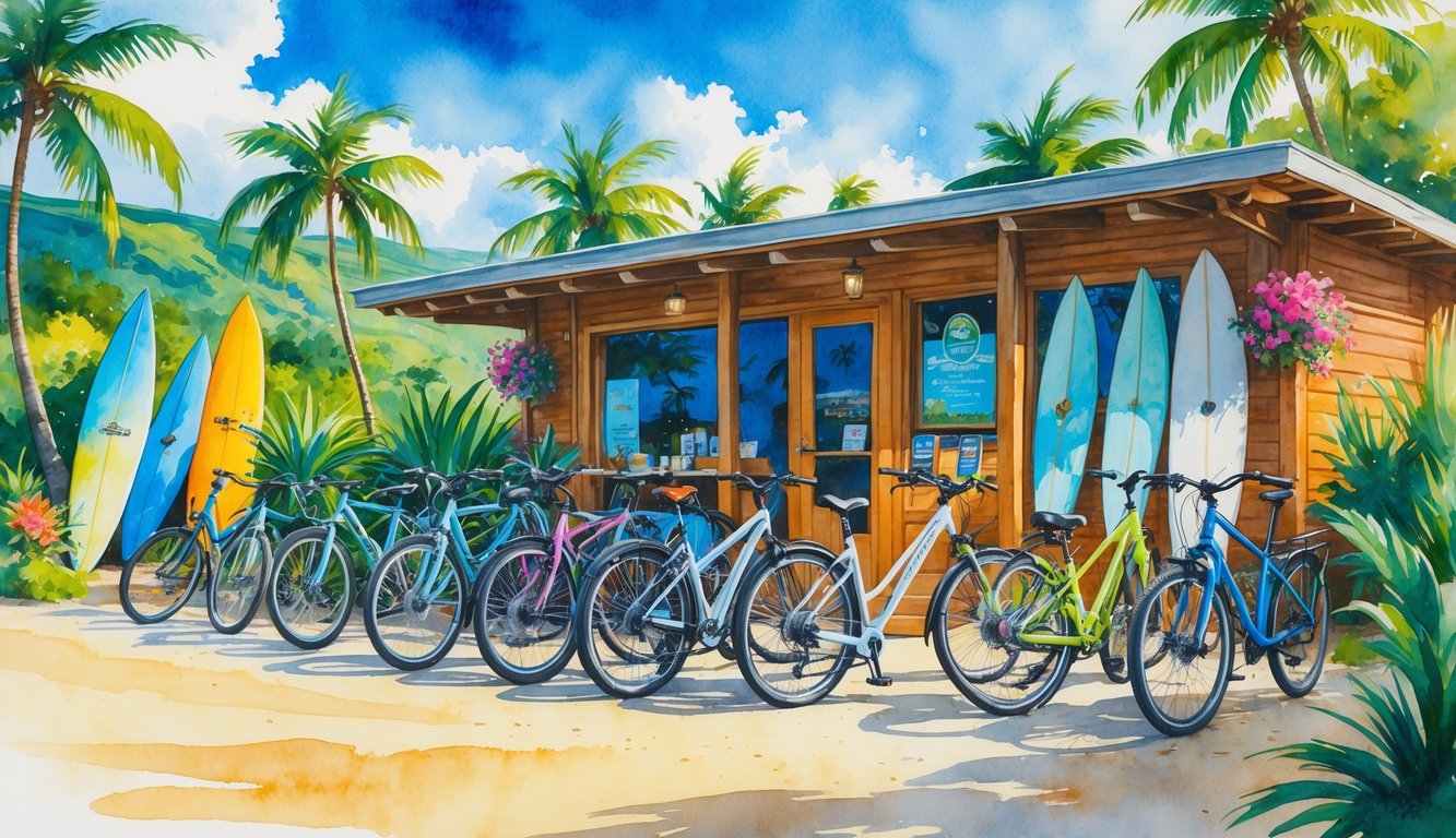 A variety of bicycles lined up outside a bike rental shop surrounded by tropical plants, palm trees, hills, and ocean in the background.