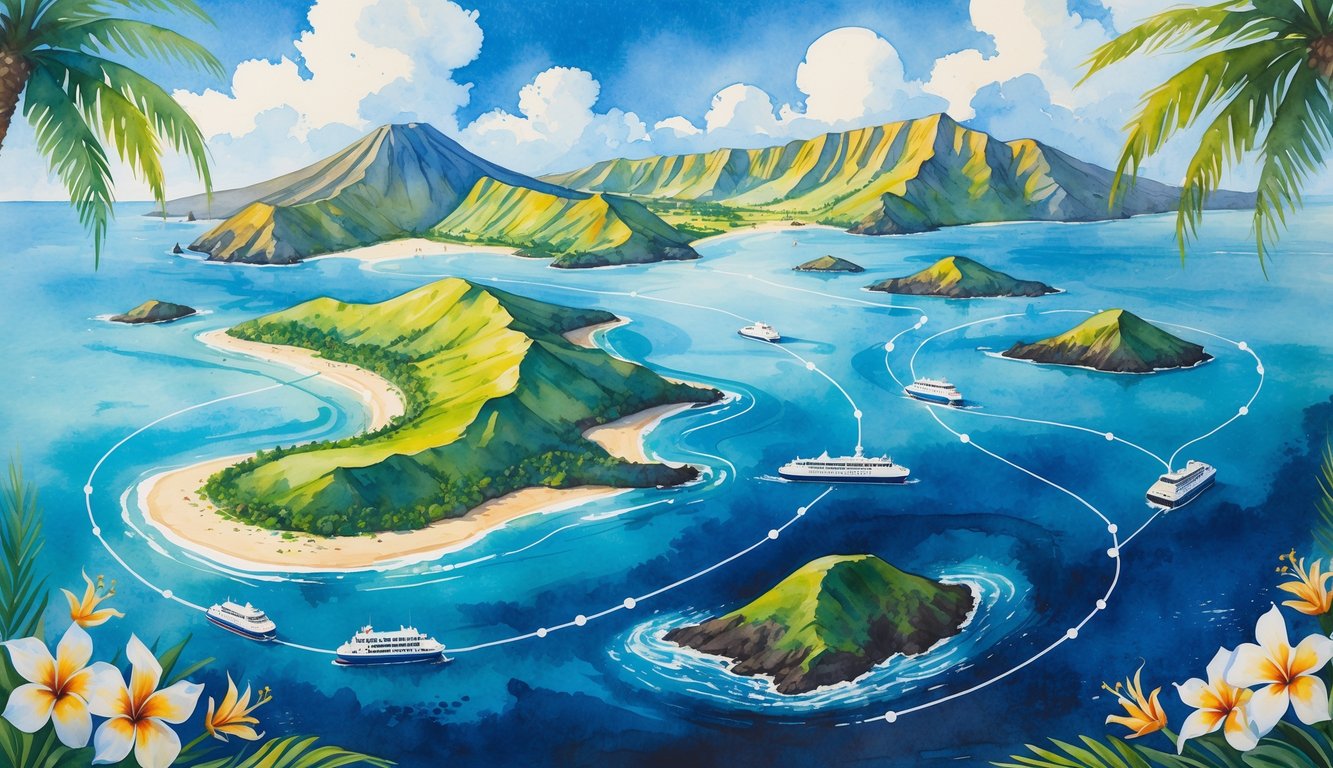 A colorful map showing the Hawaiian Islands connected by ferry routes with boats sailing between them, surrounded by ocean and tropical scenery.