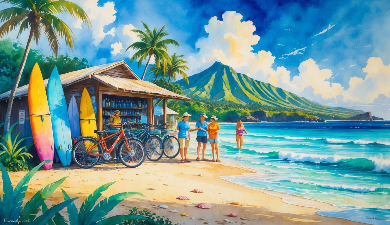 A Hawaiian beach scene with a bike rental shop, bicycles lined up outside, palm trees, ocean waves, and tourists enjoying the area.