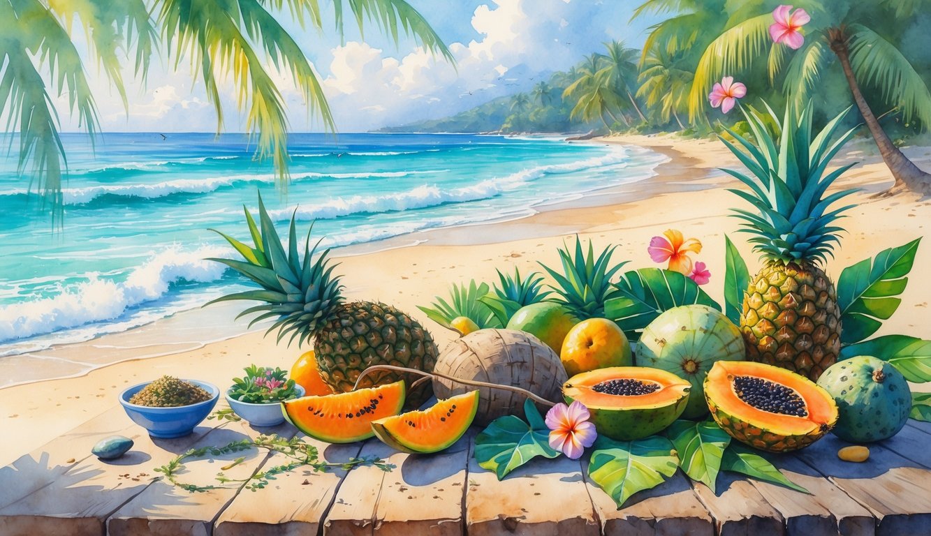 A tropical beach scene with fresh fruits and vegetables on a wooden table, surrounded by palm trees, flowers, and ocean waves.