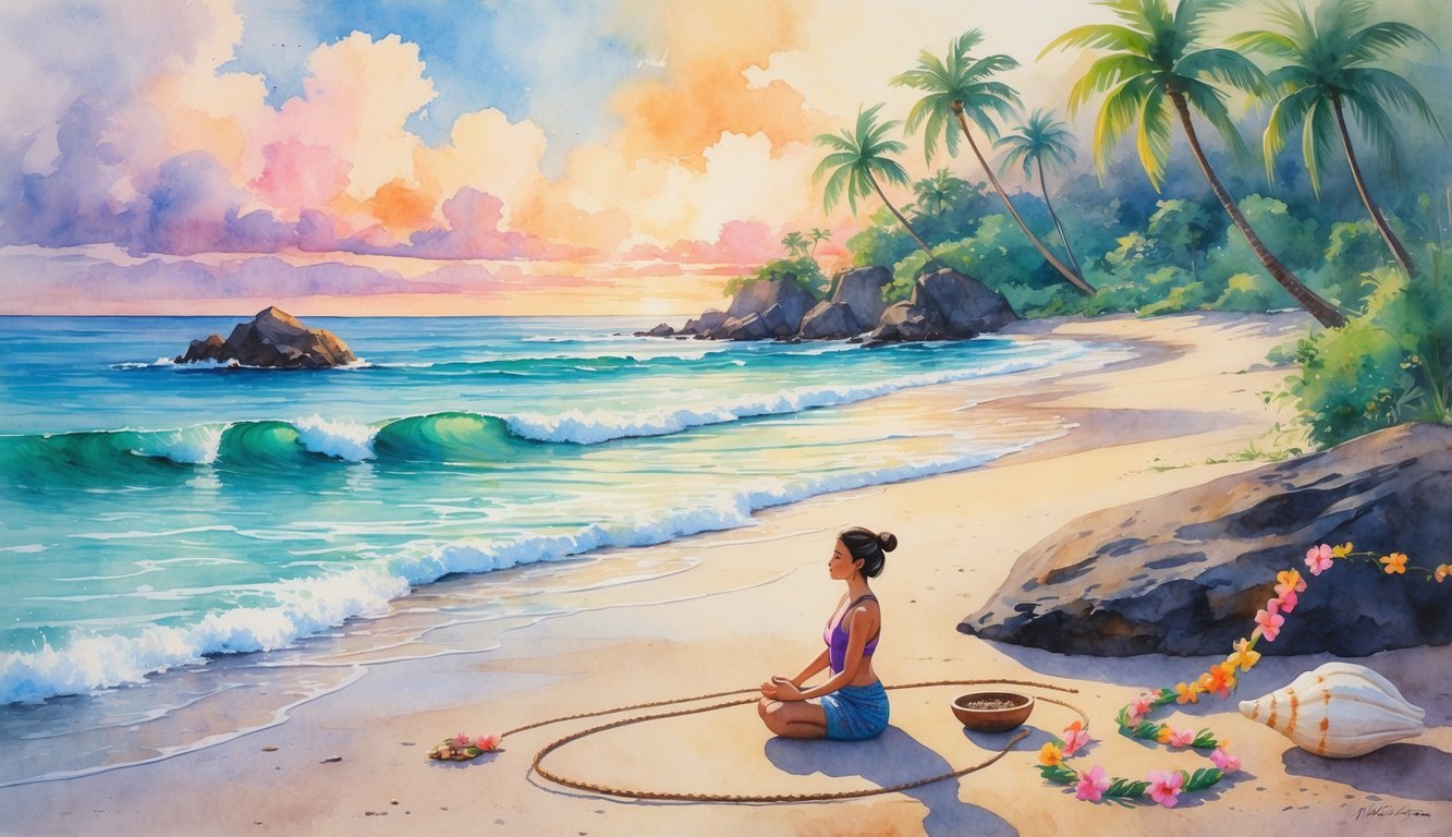 A person meditating on a rock by a Hawaiian shoreline surrounded by tropical plants and flowers during a colorful sunset.