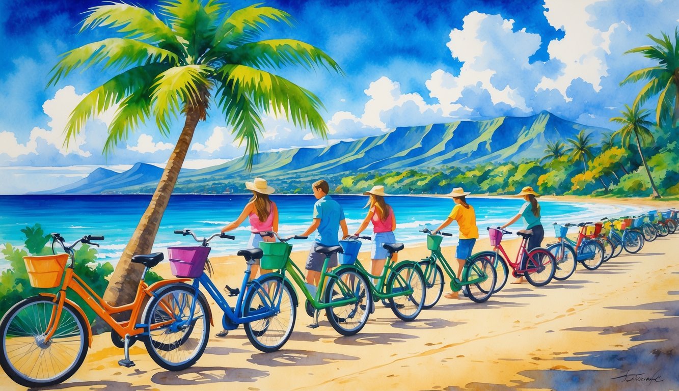 A sunny Hawaiian beach with colorful bicycles near palm trees and people getting ready to ride along a sandy path by the ocean.